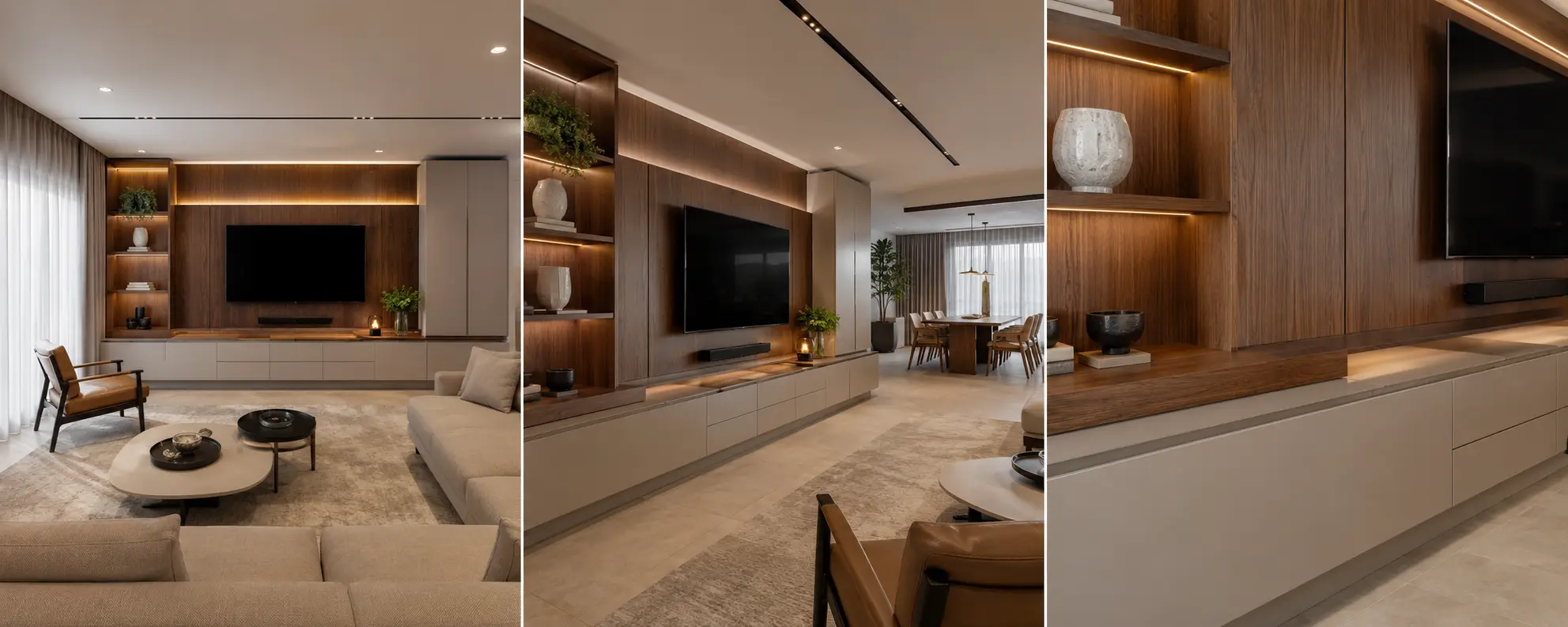 Composição conceitual de sala de estar com marcenaria planejada