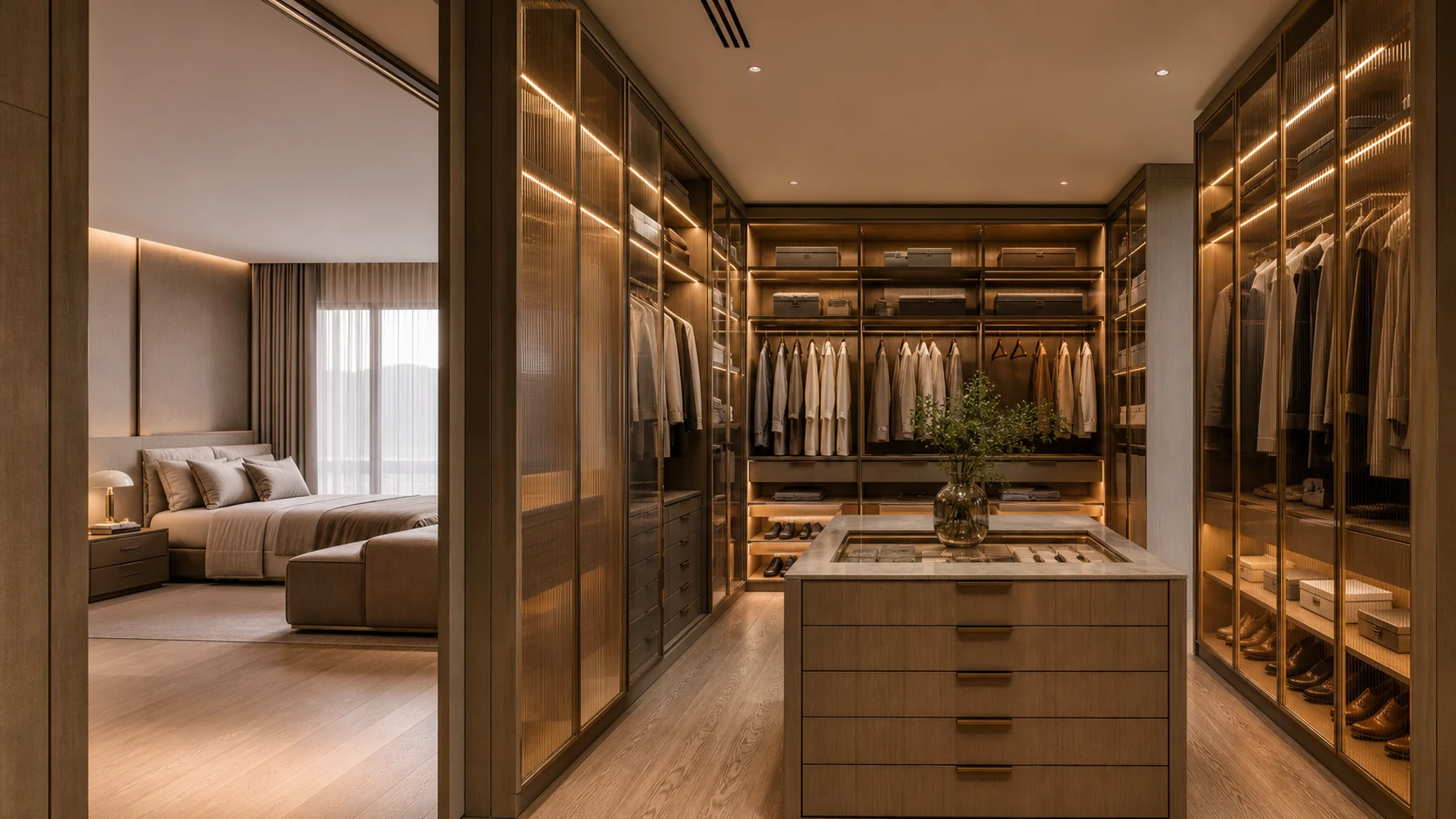 Composição conceitual de closet com portas de vidro fumê e perfis metálicos